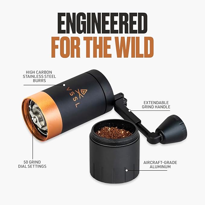 VSSL Java G45 Manual Coffee Grinder | Coffee for Camping | Bean Grinder | Travel Pour Over | Stainless Steel Conical Burr | ~ 45 Gram Capacity | Extendable Grind Handle | 50 Grind Settings | Carbon