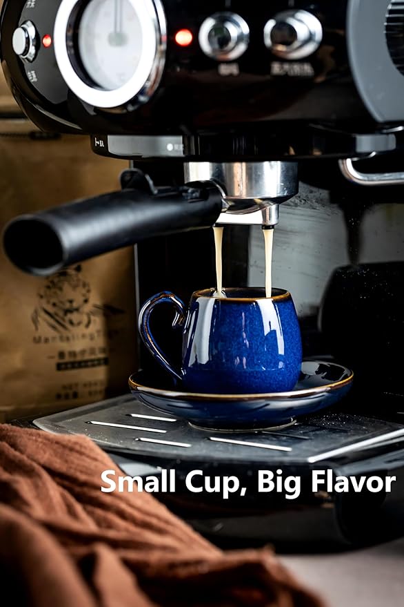 LYEOBOH 3 Ounce Espresso Cups Set of 6, Ceramic Small Coffee Cups with Saucers, Cute Demitasse Cups and Metal Stand with Spoons for Great Gift, Mini Cafe Cup for Espresso, Mocha, Tea - Cobalt Blue