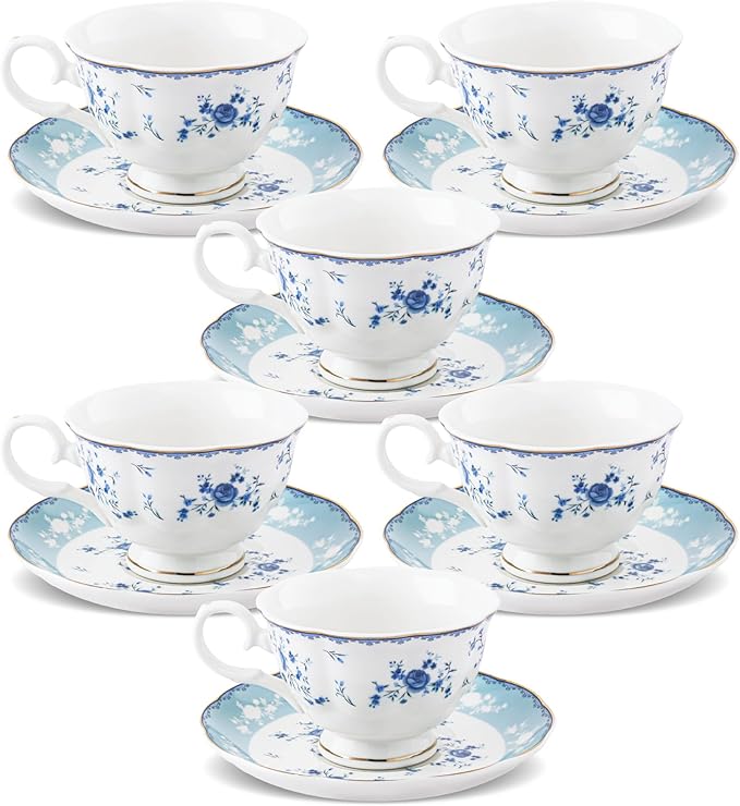 fanquare 5 Ounces Blue Rose Tea Cup Set of 6, Gold Trimmed Porcelain Coffee Cups for Party Home, Vintage British Afternoon Cup and Saucers