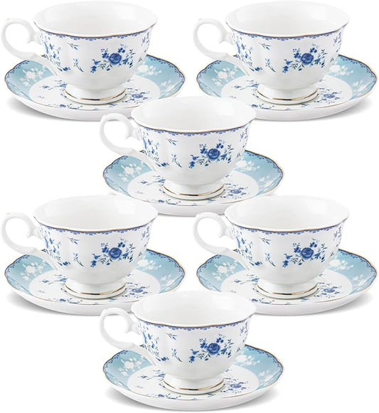 fanquare 5 Ounces Blue Rose Tea Cup Set of 6, Gold Trimmed Porcelain Coffee Cups for Party Home, Vintage British Afternoon Cup and Saucers