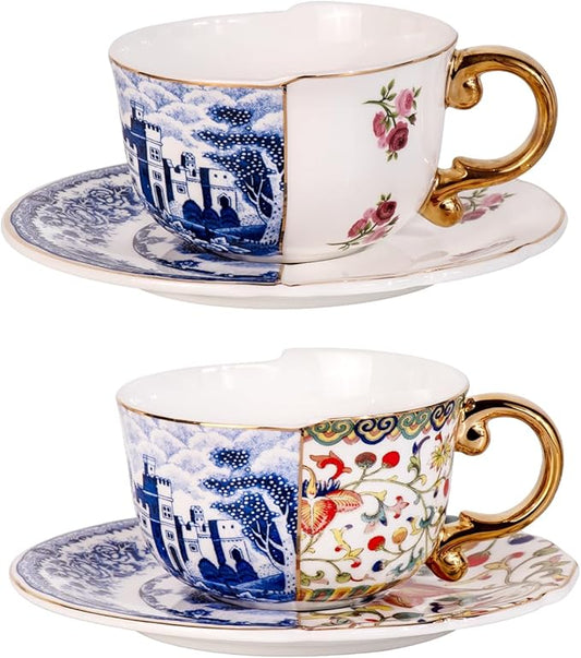KAMMAK Tea Cups and Saucers Set of 2, Fine Bone China Coffee Cups, 8.5-Ounce Stackable Espresso Mugs, Ceramic Demitasse for Coffee, Cappuccino, Latte, Americano, Tea, Doozy + Rose