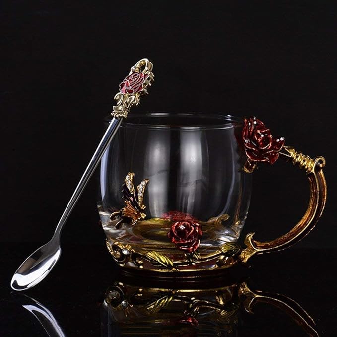 Handicraft Crystal Glass 3D Flower Cups Tea Mug With Tea Spoon Women Coffee, Tea, Juice, Beer, Milk Hot And Cold Drinks Use Gift Package. (Rose Red Coffee Cup, 11 OZ)