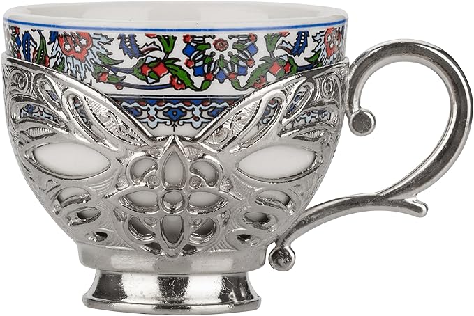 Alisveristime Turkish Coffee Set for Six, 6 Topkapi Design Porcelain Cups with Zamac Holders and Saucers, Two Color Variations: Gold and Silver (Topkapi-Design) (Silver)