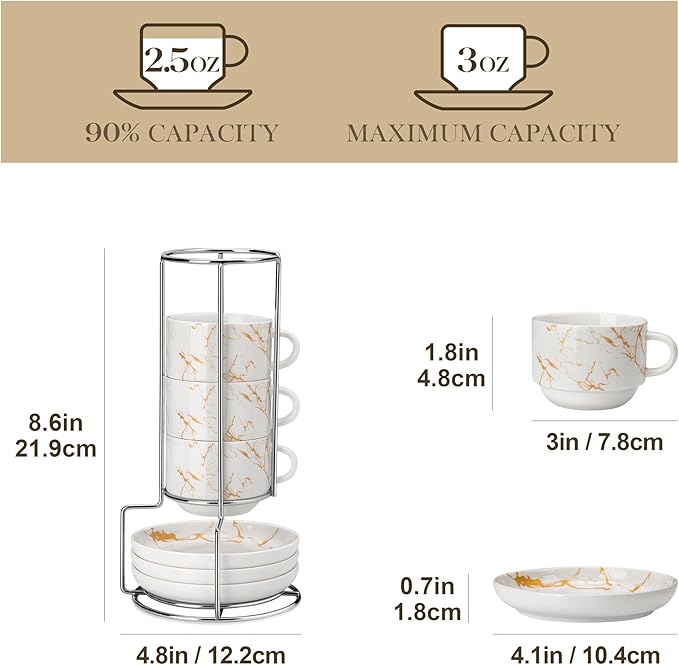 MALACASA 2.5 OZ Porcelain Espresso Cups with Saucers and Metal Stand Set of 4, Stackable Cappuccino Cups, Marble White Expresso Shots Cup Set for Coffee Drinks, Latte, Tea