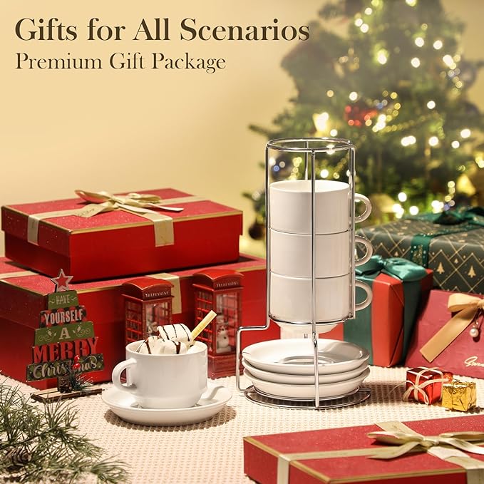 MALACASA 8 OZ Porcelain Espresso Cups with Saucers and Metal Stand Set of 4, Stackable Cappuccino Cups, White Expresso Shots Cup Set for Coffee Drinks, Latte, Tea