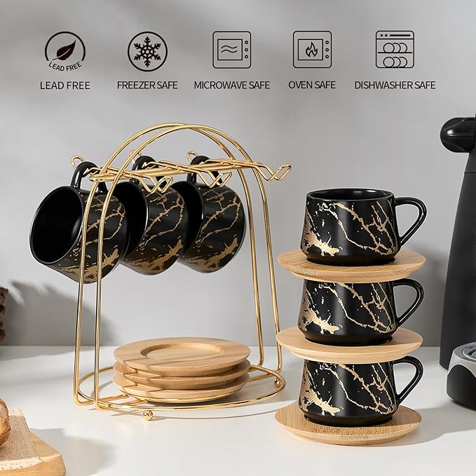 LUKA Ceramic Espresso Cups with Saucers and Metal Stand, Small 4 oz Porcelain Demitasse Cups Set of 6, Cute Cappuccino Coffee Cups for Double Espresso, Tea, Marbling Black