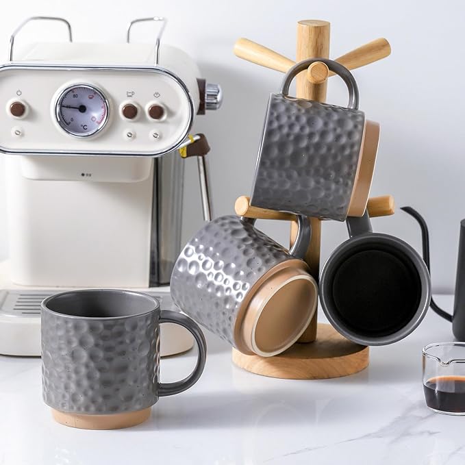 Nihow 16OZ Stackable Coffee Mug Set, Large Ceramic Coffee Mug Set of 4,Coffee Cup Set for Cappuccino/Latte/Cocoa,Dishwasher & Microwave Safe,Matte Gray