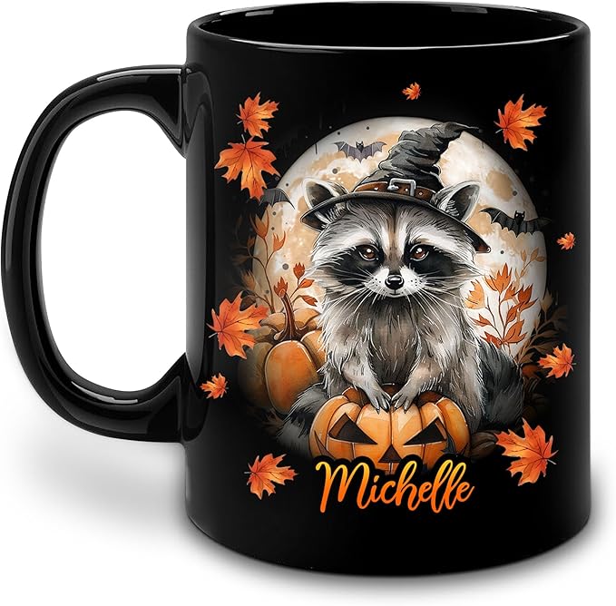 Hyturtle Personalized Halloween Raccoon Mug - Raccoon Gift For Women Lover - Wild Animal Lover Gift For Her - Spooky Season Decor For Fall Season Halloween - Coffee Name Cup Ceramic Mug 11 oz 15 oz