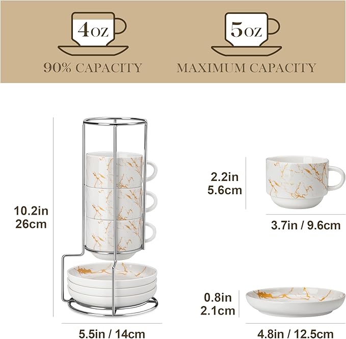 MALACASA 4 OZ Porcelain Espresso Cups with Saucers and Metal Stand Set of 4, Stackable Cappuccino Cups, Marble White Expresso Shots Cup Set for Coffee Drinks, Latte, Tea