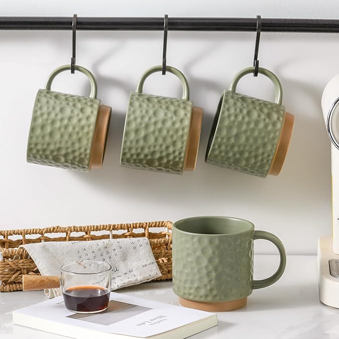 Nihow 16OZ Stackable Coffee Mug Set, Large Ceramic Coffee Mug Set of 4,Coffee Cup Set for Cappuccino/Latte/Cocoa,Dishwasher & Microwave Safe, Matte Green