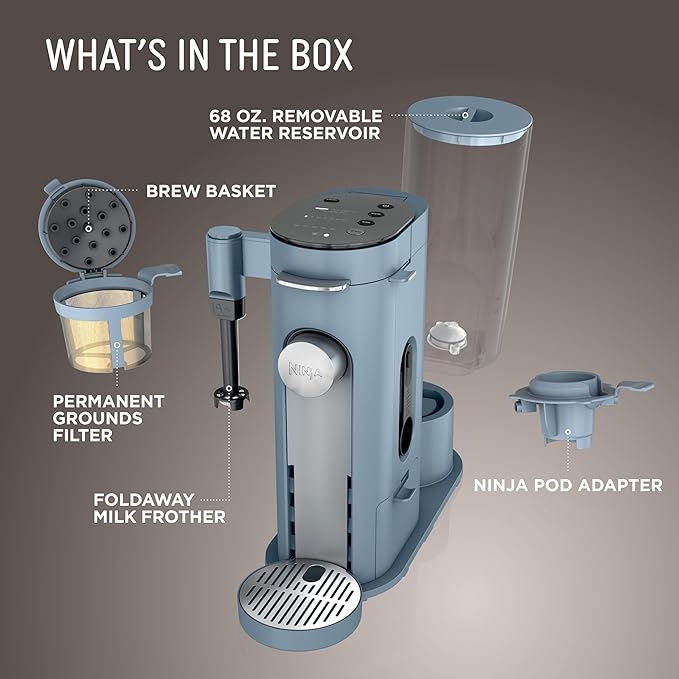 Ninja Pod & Grounds Specialty XL Single-Serve Coffee Maker, K-Cup Pod Compatible, Brews Grounds, Compact Design, Built-In Milk Frother, 68-oz. Reservoir, 6oz. Cup-24oz. Mug Sizes, Denim Blue, PB055ABL