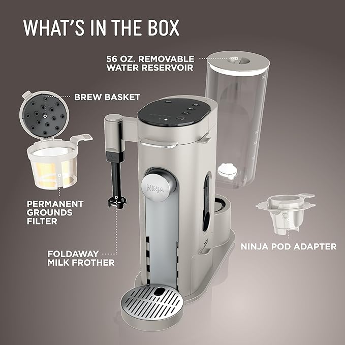 Ninja Pod & Grounds Specialty Single-Serve Coffee Maker, K-Cup Pod Compatible, Brews Grounds, Compact Design, Built-In Milk Frother, 56-oz. Reservoir, 6-oz. Cup to 24-oz. Mug Sizes, Stone, PB051ST