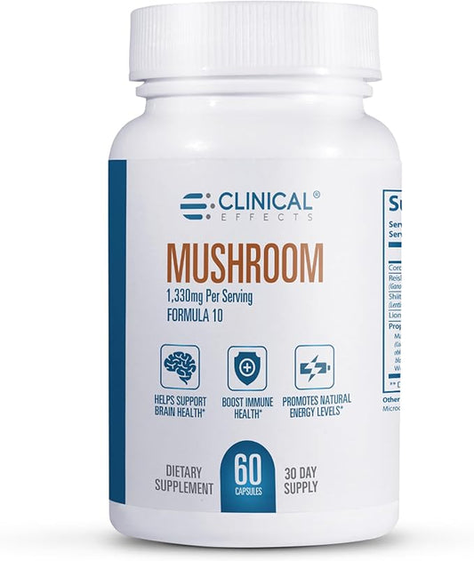 Clinical Effects Mushroom Formula 10 - Natural Mushroom Supplement for Focus, Mood, and Brain Booster Support - Nootropic Supplement and Immune Support - 60 Veggie Capsules - Made in The USA
