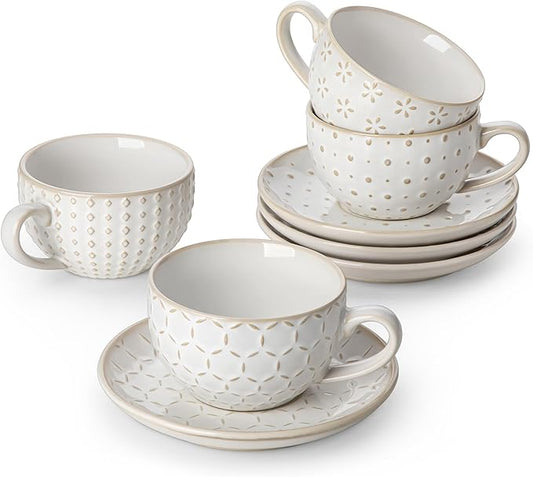 MALACASA 6 OZ Cappuccino Cups with Saucers Set of 4 - Ceramic Stackable Tea Cups and Saucers, Embossment Coffee Mugs for Tea, Latte and Mocha, Dishwasher Safe, Arctic white