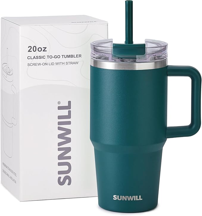 SUNWILL Coffee Tumbler with Handle, 20 oz Travel Mug with Lid and Straw Insulated, Stainless Steel Cup Leak Proof for Travel & Outdoor, Cupholder Friendly, Powder Coated Deep Teal