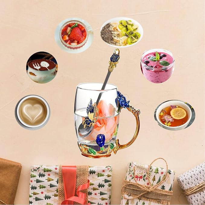 Glass Tea Cup，Birthday present for a mother a birthday present for RoseCoffee Mugs for Mother's Day (Rose Blue B)