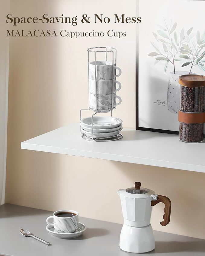 MALACASA 4 OZ Porcelain Espresso Cups with Saucers and Metal Stand Set of 4, Stackable Cappuccino Cups, Marble Gray Expresso Shots Cup Set for Coffee Drinks, Latte, Tea