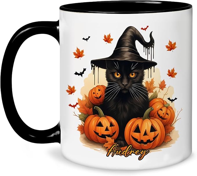 Personalized Halloween Black Cat Mug – Custom Name Coffee Cup with Witch Hat and Pumpkins – Spooky Fall Gift for Cat Lovers & Halloween Decor Fans