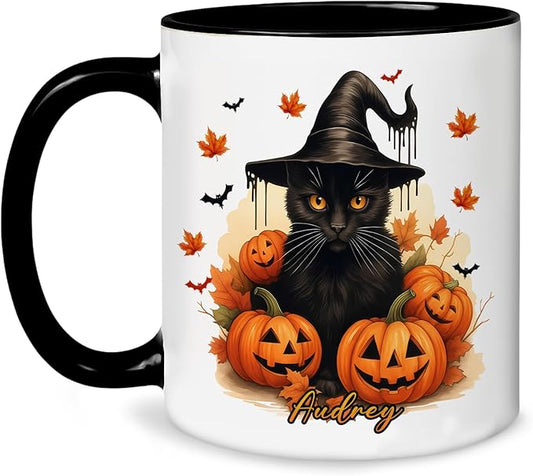 Personalized Halloween Black Cat Mug – Custom Name Coffee Cup with Witch Hat and Pumpkins – Spooky Fall Gift for Cat Lovers & Halloween Decor Fans
