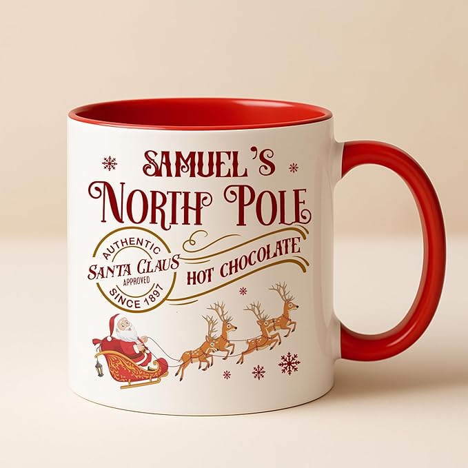 Personalized Funny Christmas Hot Cocoa Mug – Santa Gift, Unique White Elephant Exchange Present – Custom North Pole Hot Chocolate Ceramic Coffee Cup for Friends, Family, and Holiday Parties