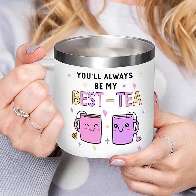 Gossby Bestie Gift for Women - 14oz BEST-TEA Insulated Tumbler Mug - Friend Tumbler Mug for Woman - Christmas, Birthday, Friendship Gift for Best Friend - Bestie Cup with Lid, Straw