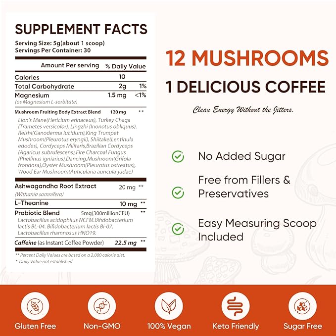 Mushroom Coffee Sugar Free, 12 Mushrooms Powder Blend Ashwagandha, Lion's Mane, Chaga and Probiotics, Mushrooms Instant Coffee for Focus, Digestion & Immunity - 30 Servings