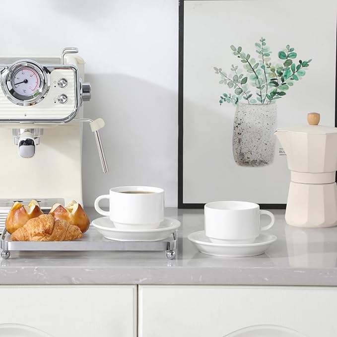 MALACASA 8 OZ Porcelain Espresso Cups with Saucers and Metal Stand Set of 4, Stackable Cappuccino Cups, White Expresso Shots Cup Set for Coffee Drinks, Latte, Tea