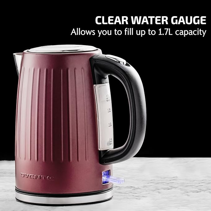 OVENTE Electric Kettle, 1.7L Stainless Steel Fast Boiling Water Heater with 1750W Power, BPA Free & Cordless Body, Auto Shut-Off, Boil-Dry Protection, Indicator Light & Removable Filter, Maroon KS711M