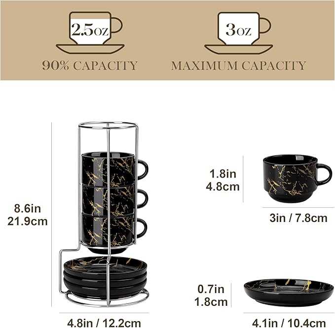 MALACASA 2.5 OZ Porcelain Espresso Cups with Saucers and Metal Stand Set of 4, Stackable Cappuccino Cups, Marble Black Expresso Shots Cup Set for Coffee Drinks, Latte, Tea
