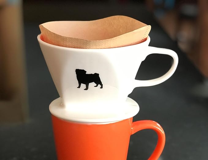 Simply Charmed Pug Coffee Pour Over Single Cup Ceramic Brewer Coffee Maker with Melitta Filters