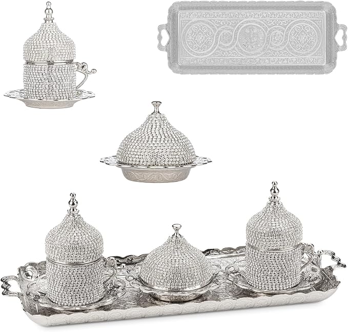 Alisveristime Ottoman Turkish Greek Arabic Espresso Coffee Cups with Saucer and Lid (Crystal Set) (Set of 2) (Silver)
