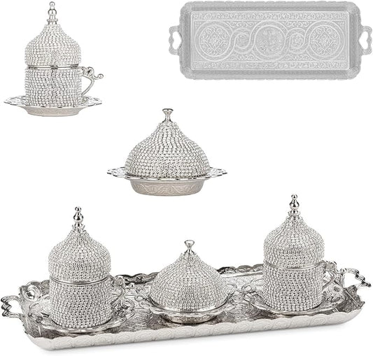 Alisveristime Ottoman Turkish Greek Arabic Espresso Coffee Cups with Saucer and Lid (Crystal Set) (Set of 2) (Silver)