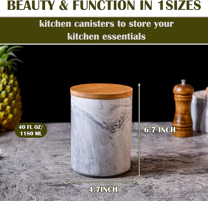Yundu 40 FL OZ/1180ML Kitchen Canister, Grey Marble Ceramica Food Storage Jar with Bamboo Lid for Ground Coffee, Flour, Tea, Sugar, Airtight Coffee Container