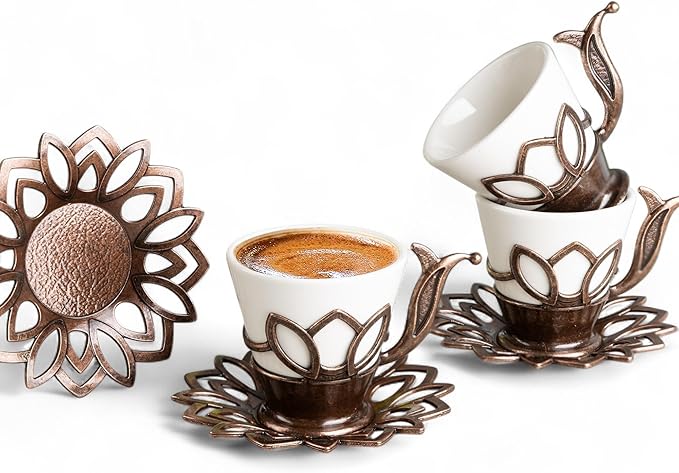 Alisveristime (Set of 6 Turkish Coffee Set with Porcelain Cups, Zamac Holders & Saucers – 80ml Capacity, Ottoman Motif, 4 Color Options (Brown)