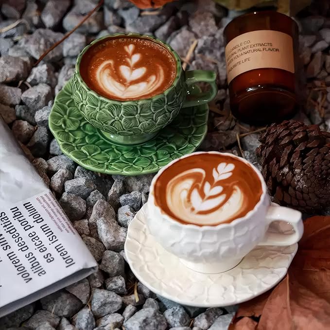 KAMMAK Tea Cups and Saucers Set of 2, Porcelain Coffee Cups, 8.5-Ounce Stackable Espresso Mugs, Ceramic Demitasse for Coffee, Latte, Americano, Tea, White Flower