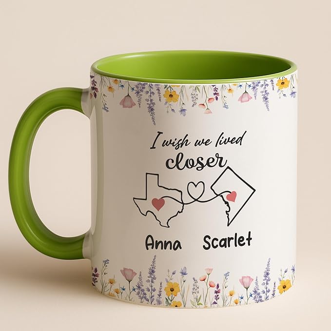 Personalized Friend Mug - Long Distance Best Friend Birthday Gifts - Birthday Wedding Gift For Women - Custom Names States - Floral Design - Thoughtful Coffee Cup