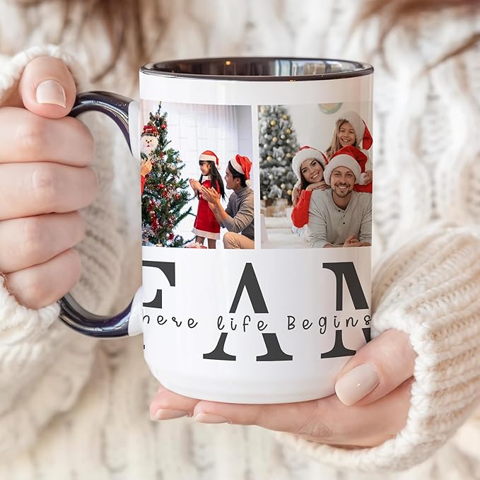 Personalized Funny Christmas Hot Cocoa Mug – Santa Gift, Unique White Elephant Exchange Present – Custom Family Photo Coffee Cup with Quote “Where Life Begins and Love Never Ends”