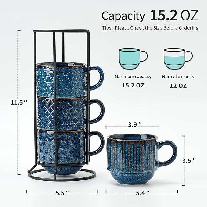 Large Ceramic Coffee Mug Set of 4 with Stand, 15 Oz Stackable Different Embossment Ribbed Latte Cup Set for Cappuccino, Tea, Hot Cocoa, Drinks - Dishwasher & Microwave Safe, Blue