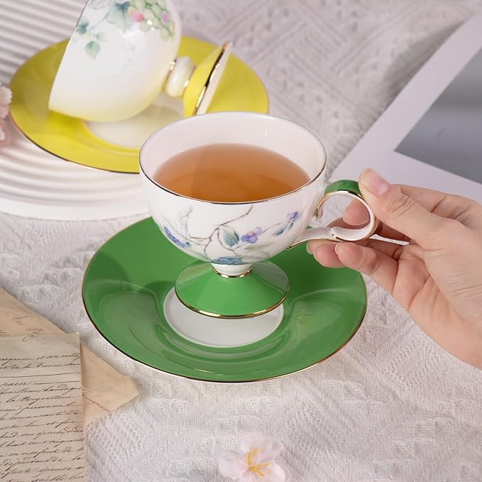 KAMMAK Ceramic Coffee Cups Saucers Set of 2, Porcelain Espresso Cups with Saucers, 7.44 oz Handcrafted Elegant Bone China Tea Cups, Grape & Blueberry Pattern Teacup for Party, Office, Women Gift