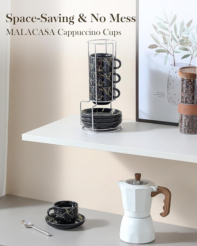 MALACASA 4 OZ Porcelain Espresso Cups with Saucers and Metal Stand Set of 4, Stackable Cappuccino Cups, Marble Black Expresso Shots Cup Set for Coffee Drinks, Latte, Tea