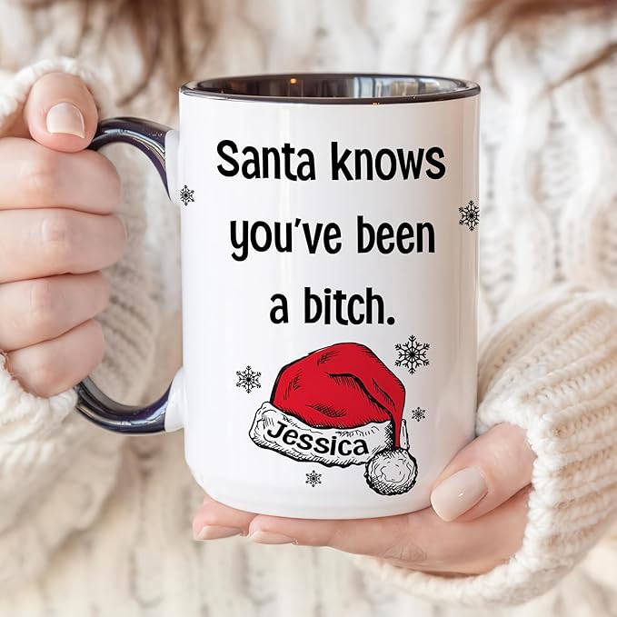 Personalized Funny Christmas Hot Cocoa Mug – Custom Naughty Santa Coffee Cup with Hilarious Quote – Unique White Elephant Exchange Present, Gag Gift for Friends, Holiday Ceramic Mug