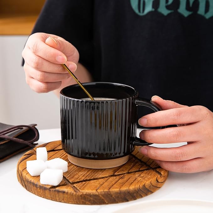 GBHOME 15OZ Stackable Coffee Mugs, Ceramic Coffee Mugs with Texture Patterns for Man,Woman,Dad,Mom, Modern Coffee Cups Set of 4 for Latte/Cappuccino/Cocoa. Dishwasher&Microwave Safe，Black