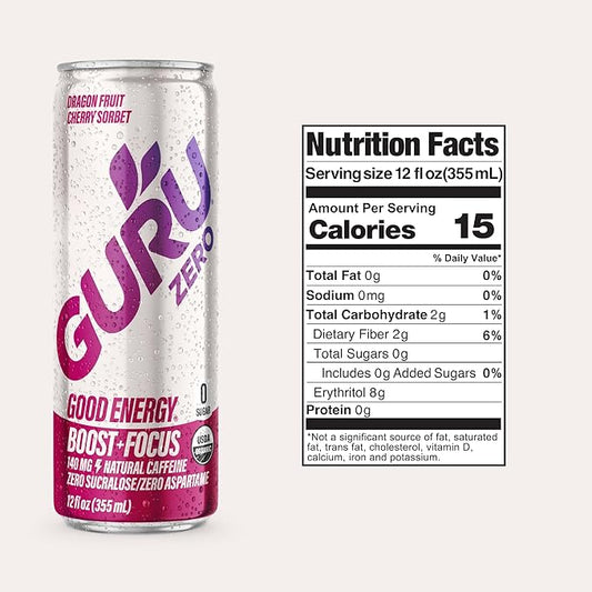 GURU ZERO SUGAR Dragon Fruit Cherry Sorbet Organic Energy Drink with Plant Based Natural Caffeine from Green Tea, Coconut Water, Prebiotic, Zero Added Sugars, Gluten Free & Vegan, Pre Workout, 140MG Caffeine, 12 Oz (Pack of 24)