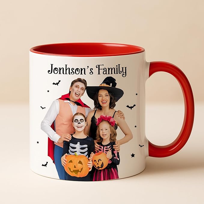 Personalized Halloween Family Photo Mug 2025 – Custom Photo Coffee Cup With Name – Funny Halloween Birthday Gift For Parents - Kids - Friends - Christmas