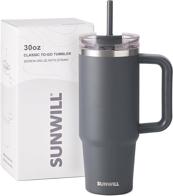 SUNWILL Travel Coffee Mug with Lid, 30 oz Tumbler with Handle and Straw Leak Proof, Stainless Steel Cup Insulated for Office & Camping, Cupholder Friendly, Powder Coated Charcoal