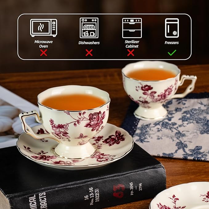 KAMMAK Tea Cups and Saucers Set of 2, Porcelain Coffee Cups, 7-Ounce Stackable Espresso Mugs, Ceramic Demitasse for Coffee, Latte, Americano, Tea, Red Orchid