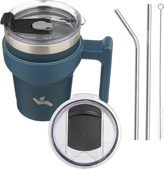 10 oz Tumbler with Handle and 2 Straw 2 Lid, Insulated Water Bottle Stainless Steel Vacuum Cup Reusable Travel Mug, Navy Blue