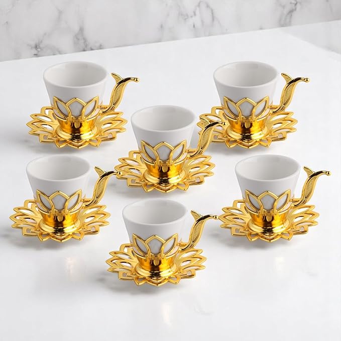 Alisveristime (Set of 6 Turkish Coffee Set with Porcelain Cups, Zamac Holders & Saucers – 80ml Capacity, Ottoman Motif, 4 Color Options (Gold)