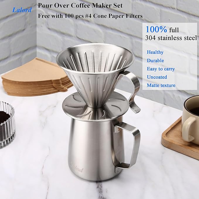 Pour Over Coffee Maker, 304 Stainless Steel wIth 100 pcs V60 Paper Filters & 600ml Milk Frothing Pitcher, for Home & Camping