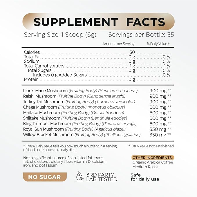 Mushroom Coffee - 10-in-1 Mushroom Superfood Adaptogen Mix - Lion's Mane, Chaga, Turkey Tail, Reishi, Organic Arabica Instant Coffee - for Gut Health, Immunity, Energy - Sugar Free - 7,4 oz (35 Serv)